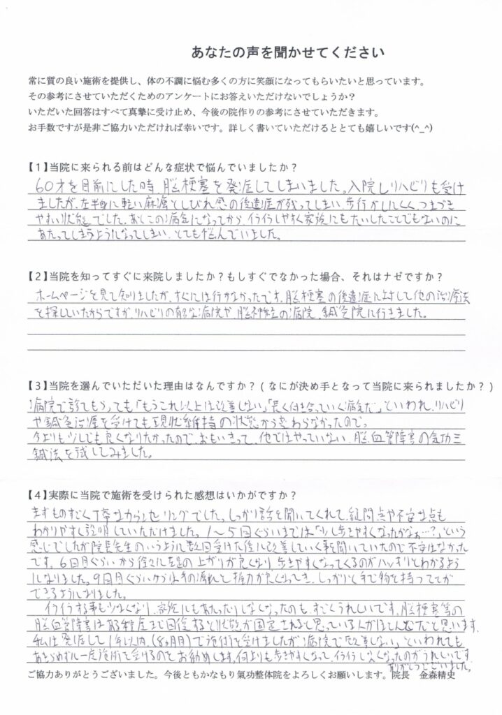 脳梗塞後遺症　59歳　男性　会社役員